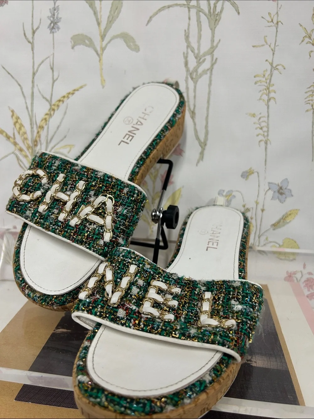 CHANEL Green Tweed Espadrille Slide Sandals with Gold Chain Logo
